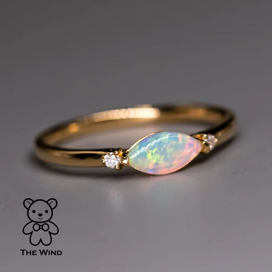 Minimalist Marquise Australian Solid Opal Diamond Engagement Ring 18K Yellow Gold.