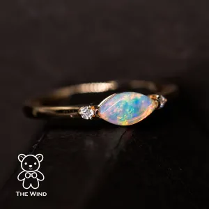 Minimalist Marquise Australian Solid Opal Diamond Engagement Ring 18K Yellow Gold.