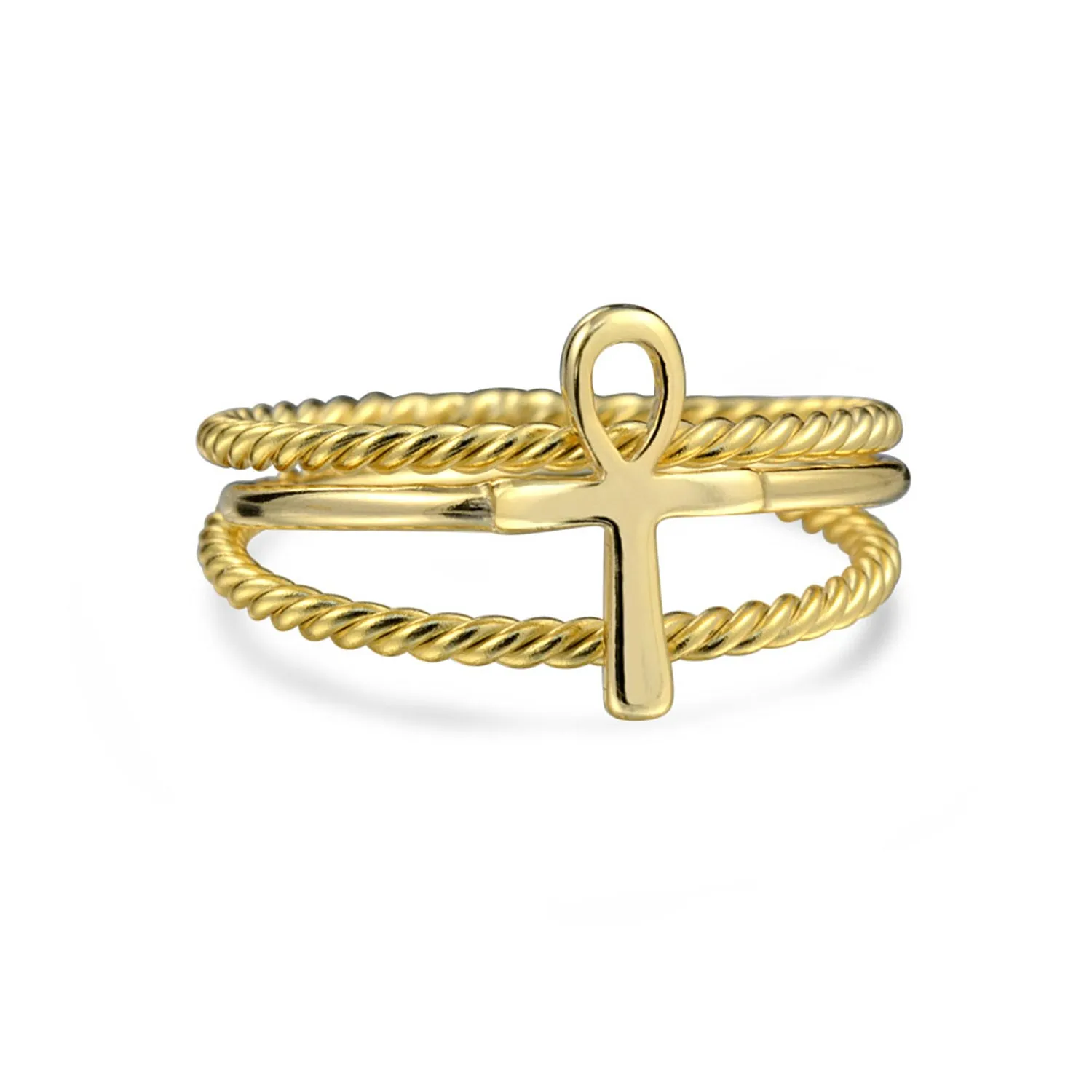 Minimalist Silver Ring Set: 14K Gold Plated Ankh Cross Stackable Bands