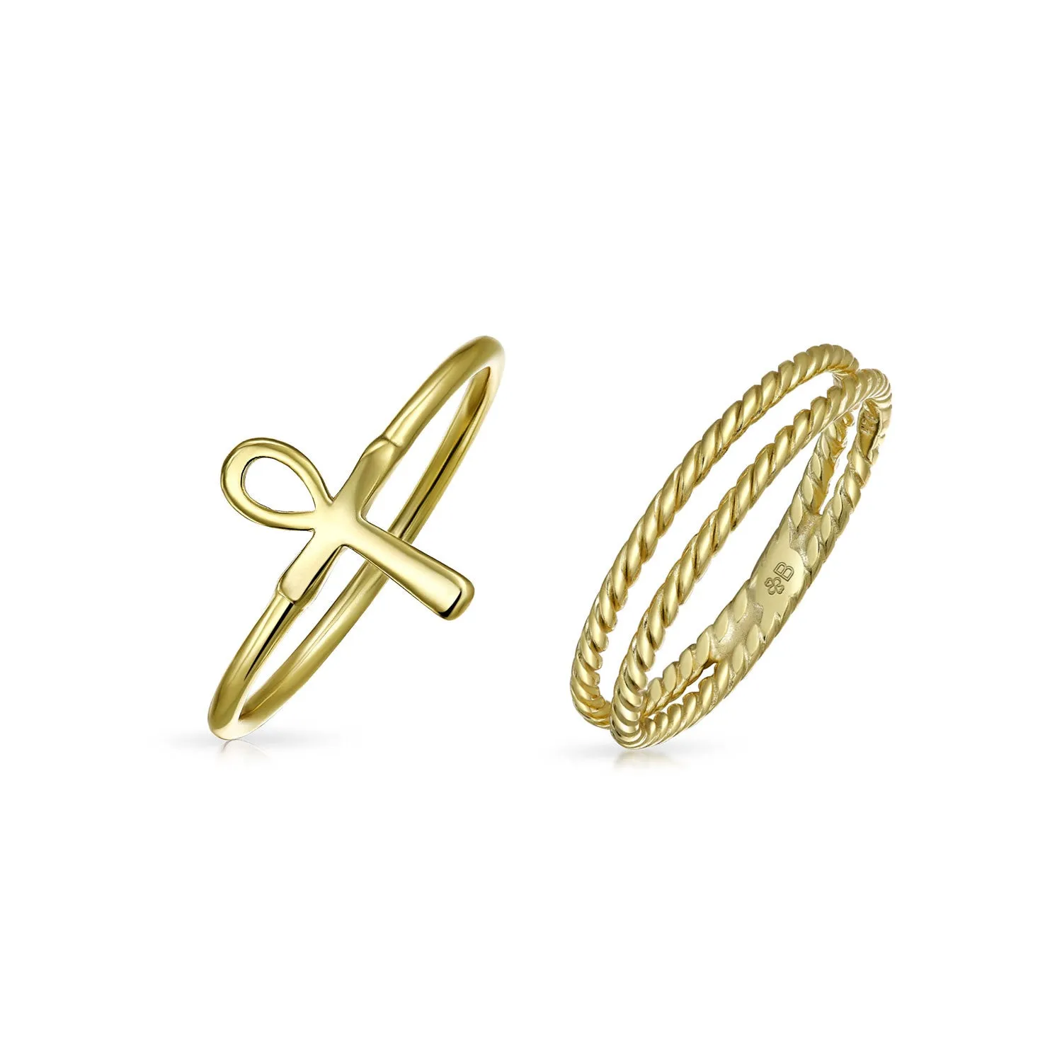 Minimalist Silver Ring Set: 14K Gold Plated Ankh Cross Stackable Bands