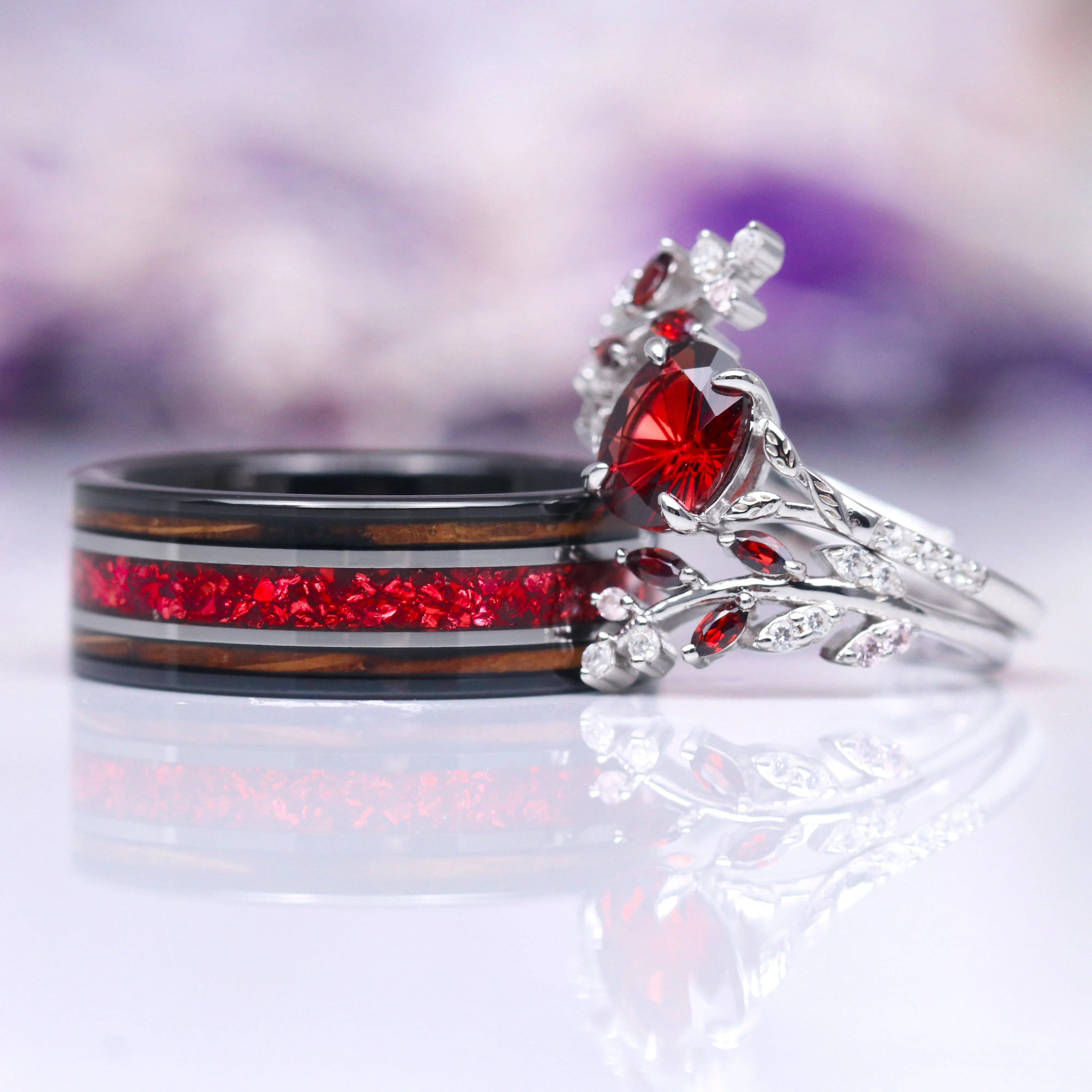 Natural Star Cut Red Garnet Ring Set- Sterling Silver