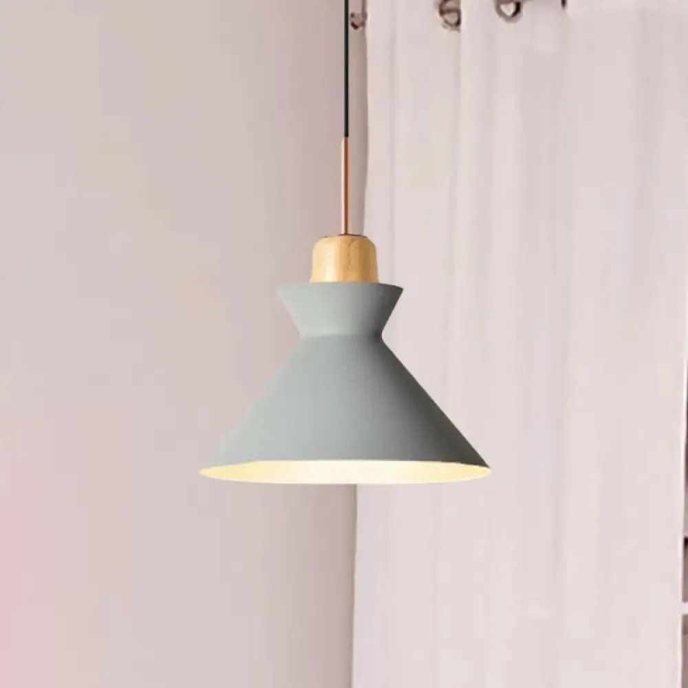 Nordic Conic Hanging Lamp: Stylish Metal and Wood Pendant Lighting (Grey/White) for Living Room