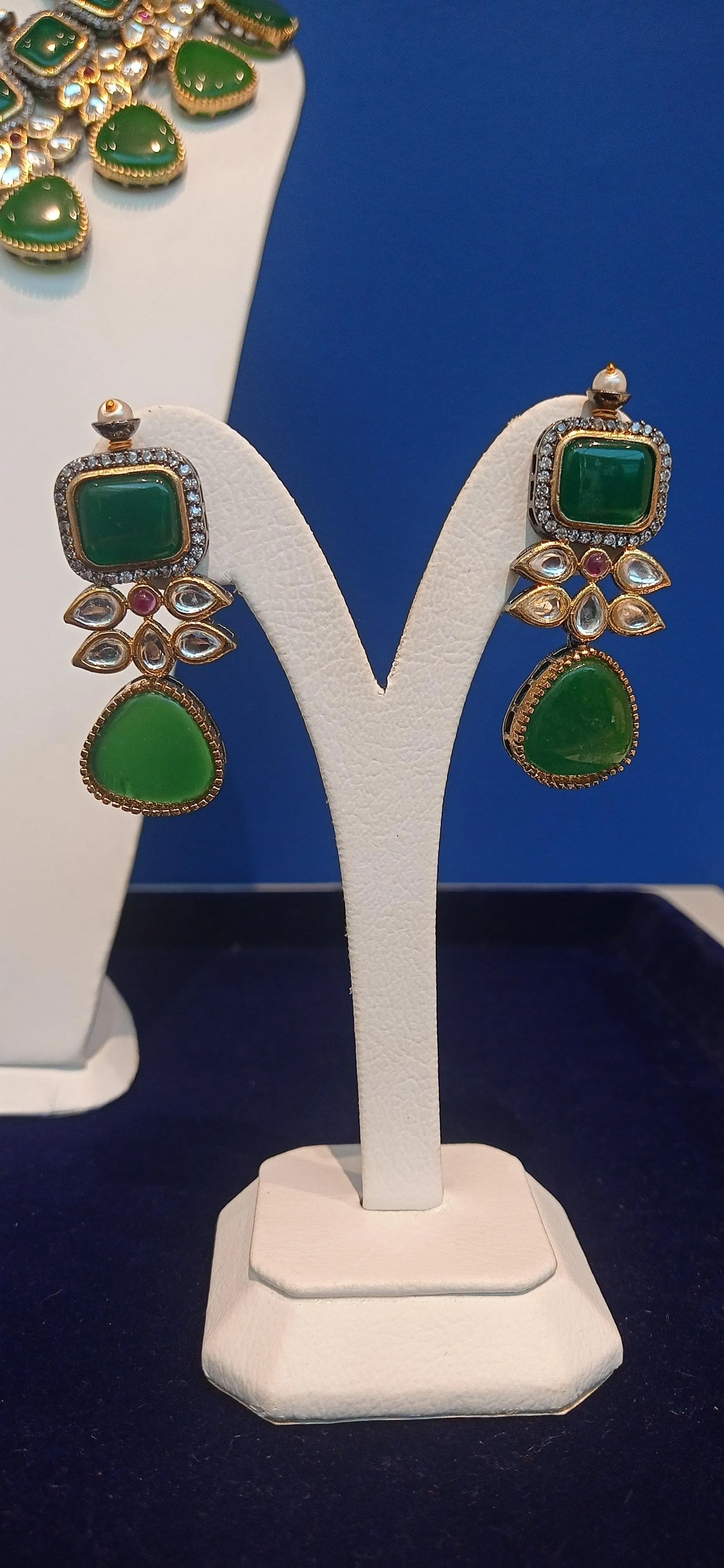 Noreena Green Stone and Kundan Necklace and Earrings Set