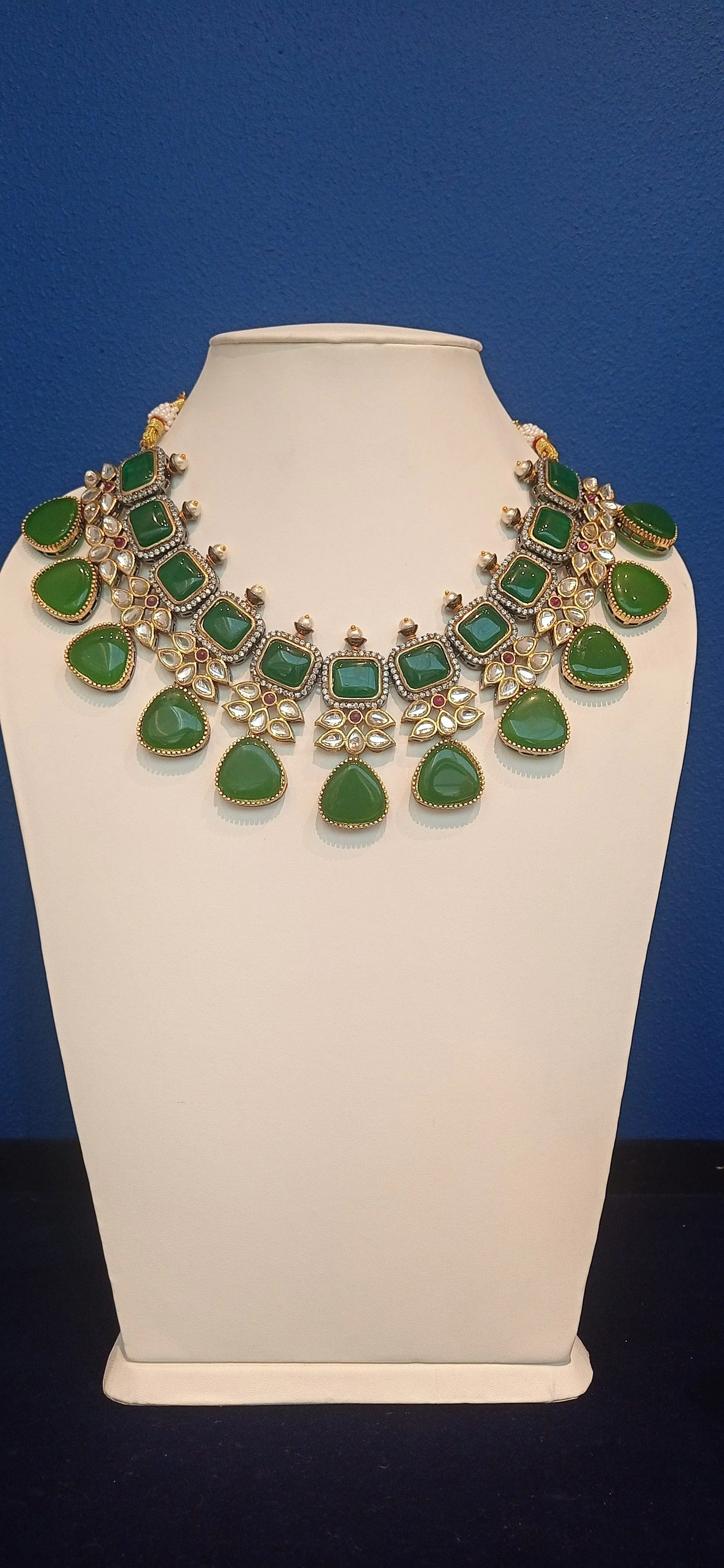 Noreena Green Stone and Kundan Necklace and Earrings Set