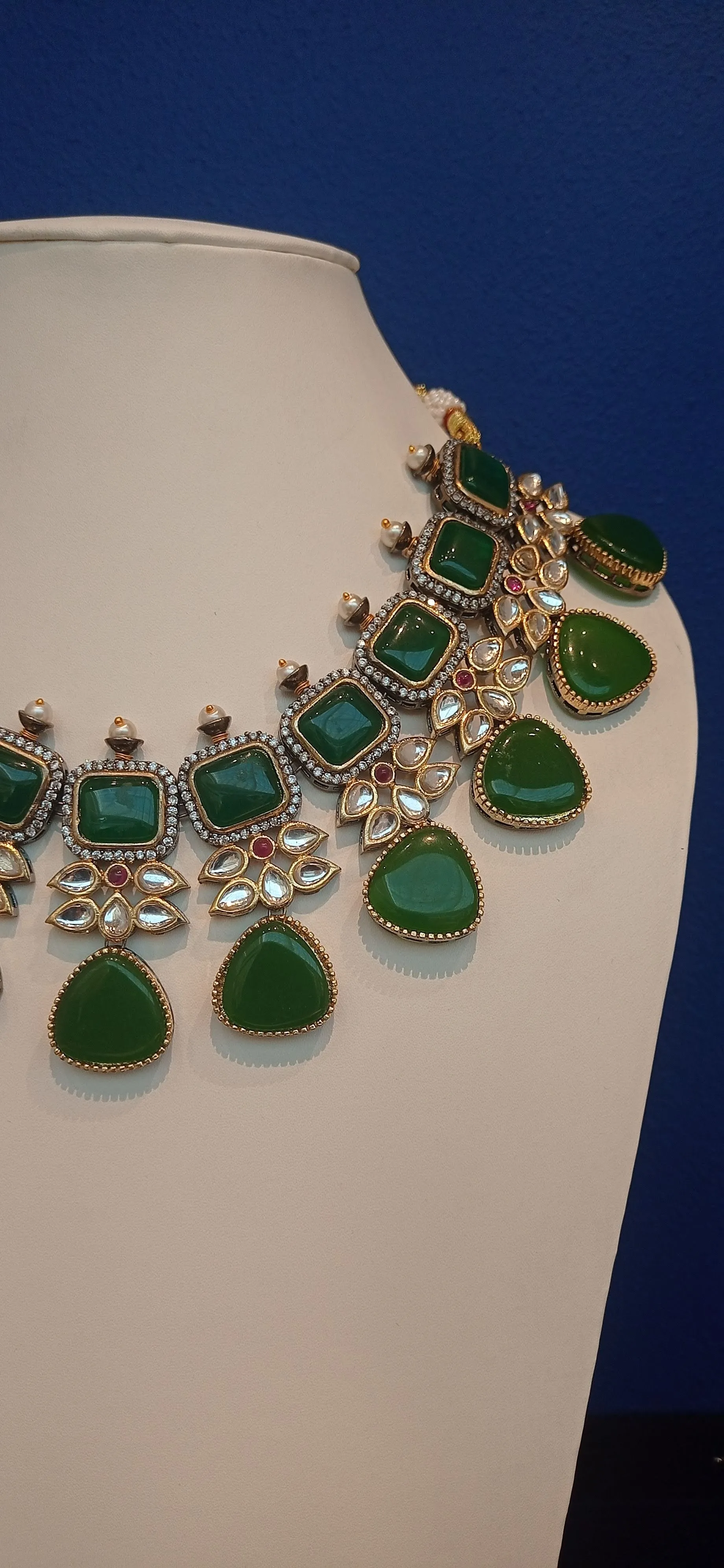 Noreena Green Stone and Kundan Necklace and Earrings Set