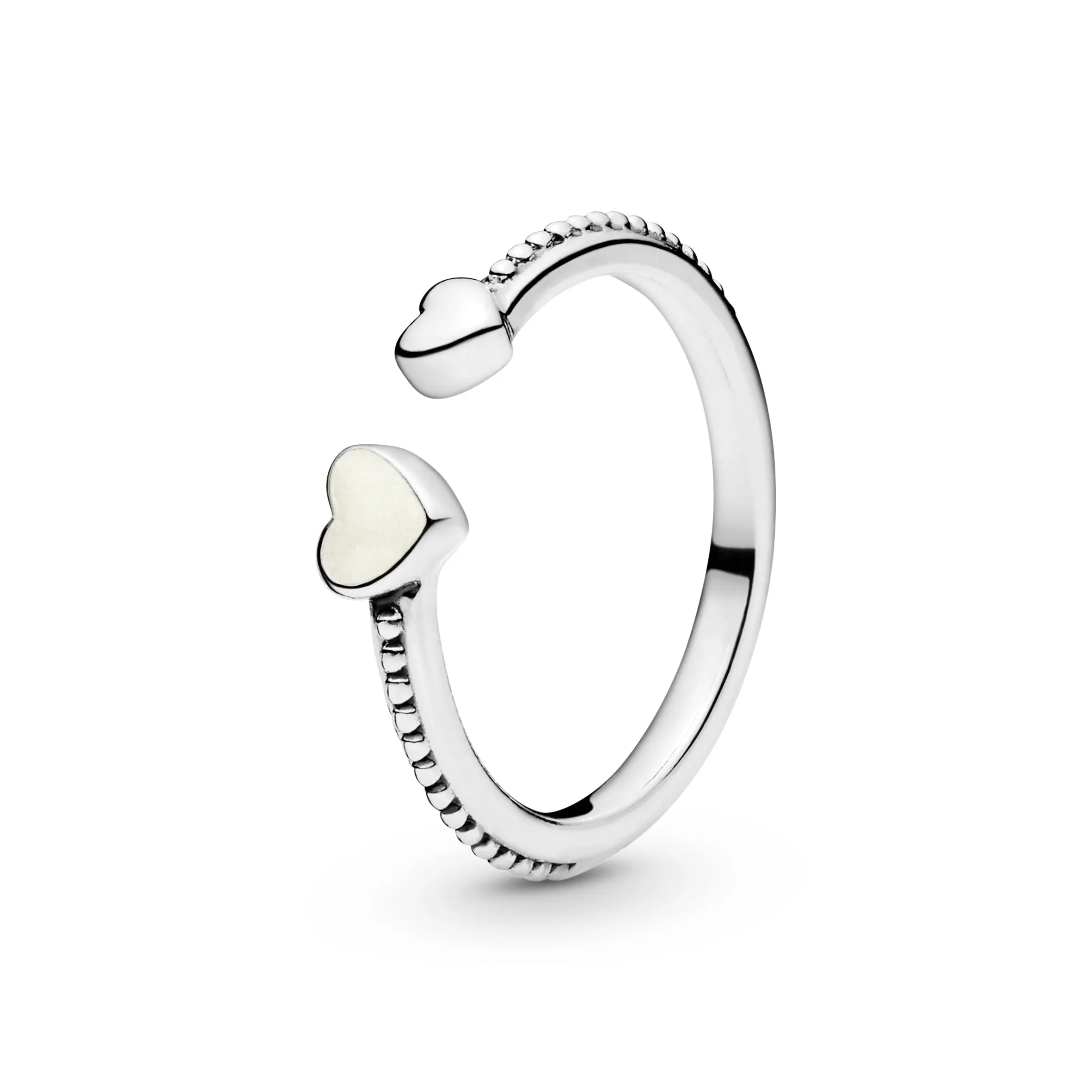 Open heart silver ring with silver enamel