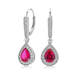 Pear and Round Brilliant drop earrings with ruby simulants and 0.62 carats* of diamond simulants in sterling silver