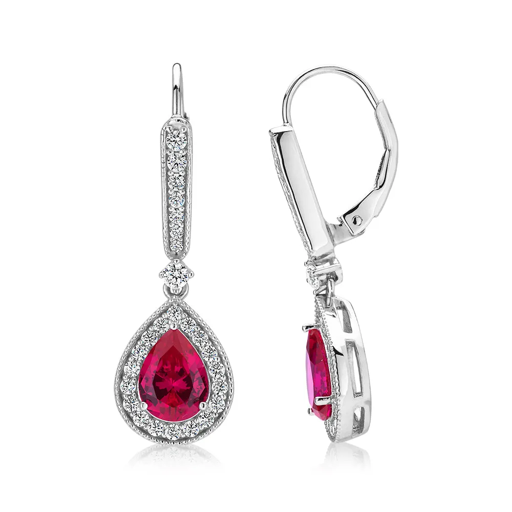 Pear and Round Brilliant drop earrings with ruby simulants and 0.62 carats* of diamond simulants in sterling silver