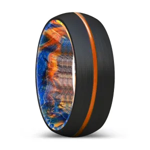 PRESTIGIOUS | Blue & Yellow/Orange Wood, Black Tungsten Ring, Orange Groove, Domed