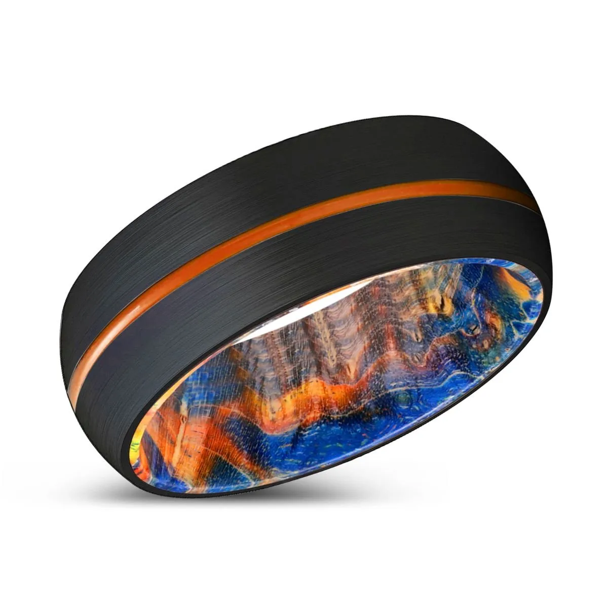 PRESTIGIOUS | Blue & Yellow/Orange Wood, Black Tungsten Ring, Orange Groove, Domed