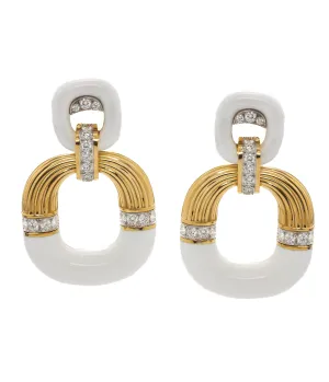 Radiator Hoop Earrings, Diamonds and White Enamel