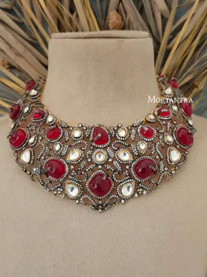 Red Color Faux Polki Necklace Set - PK-S13R