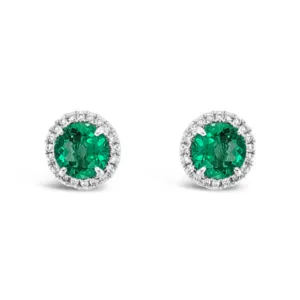 Regal Collection® Emerald and Diamond Halo Earrings | White Gold