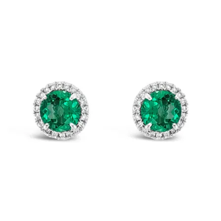 Regal Collection® Emerald and Diamond Halo Earrings | White Gold