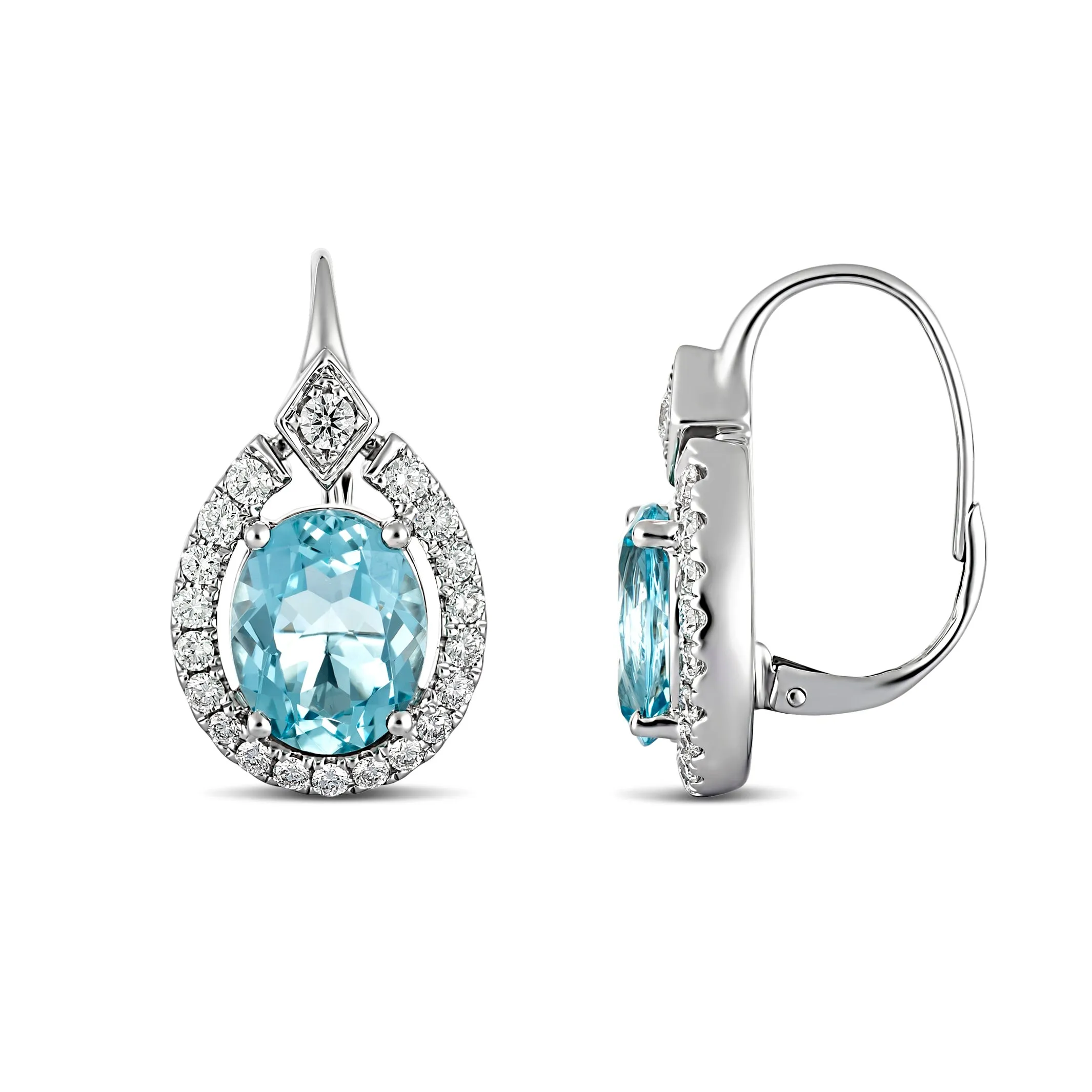 Regal Collection® Oval Cut Aquamarine and Diamond Halo Earrings | White Gold