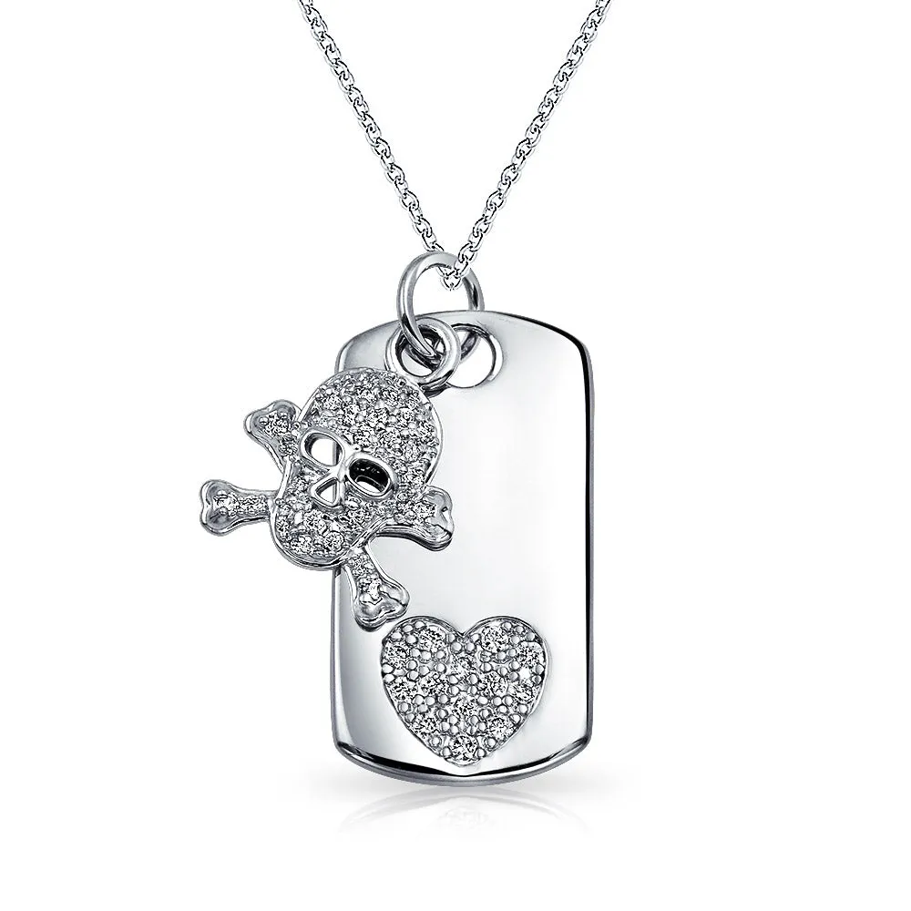 Skull Heart Crossbones Pirate CZ Dog Tag Pendant Necklace Silver Plated Brass