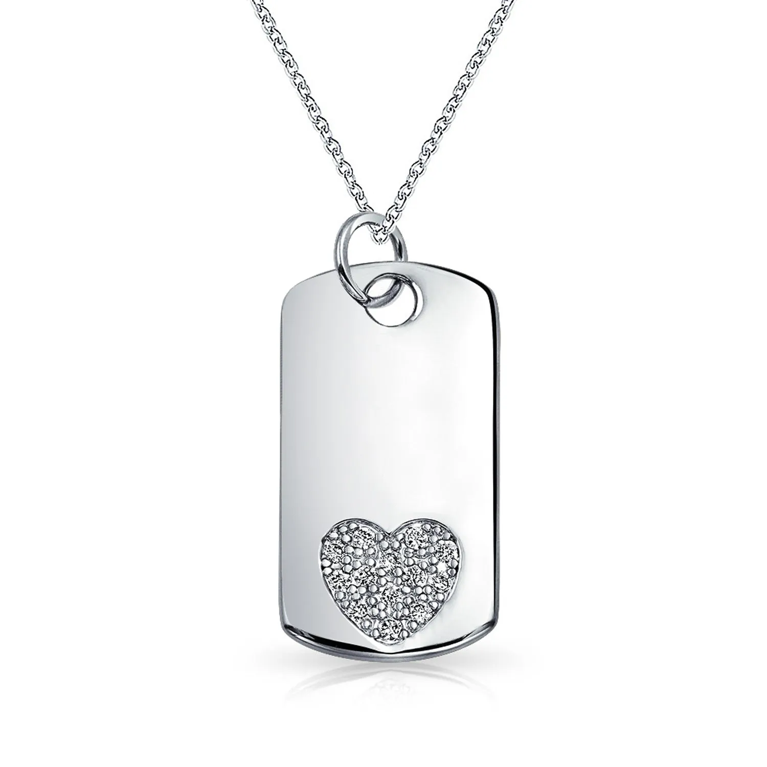 Skull Heart Crossbones Pirate CZ Dog Tag Pendant Necklace Silver Plated Brass