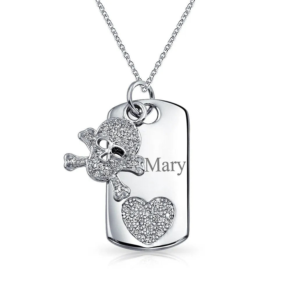 Skull Heart Crossbones Pirate CZ Dog Tag Pendant Necklace Silver Plated Brass