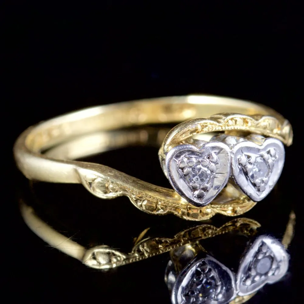 Vintage Double Heart Diamond Ring 18Ct Gold 1971