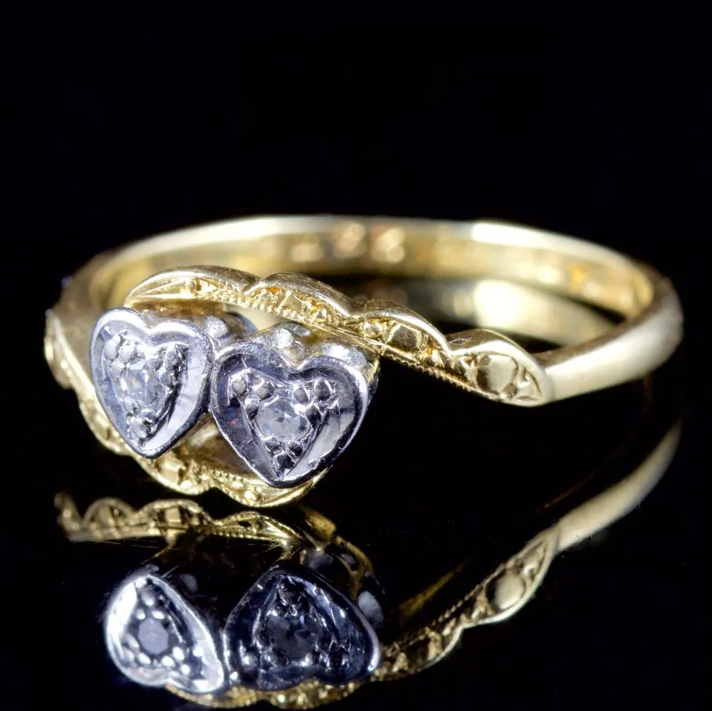 Vintage Double Heart Diamond Ring 18Ct Gold 1971