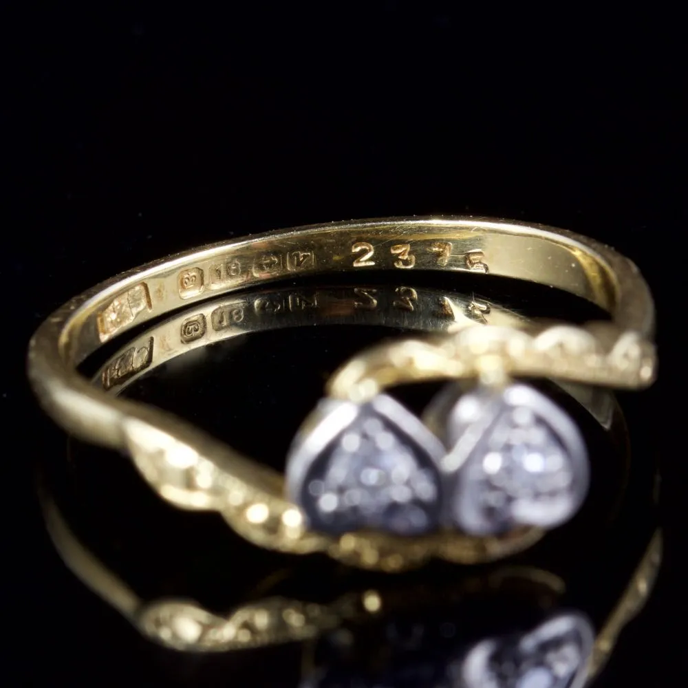 Vintage Double Heart Diamond Ring 18Ct Gold 1971