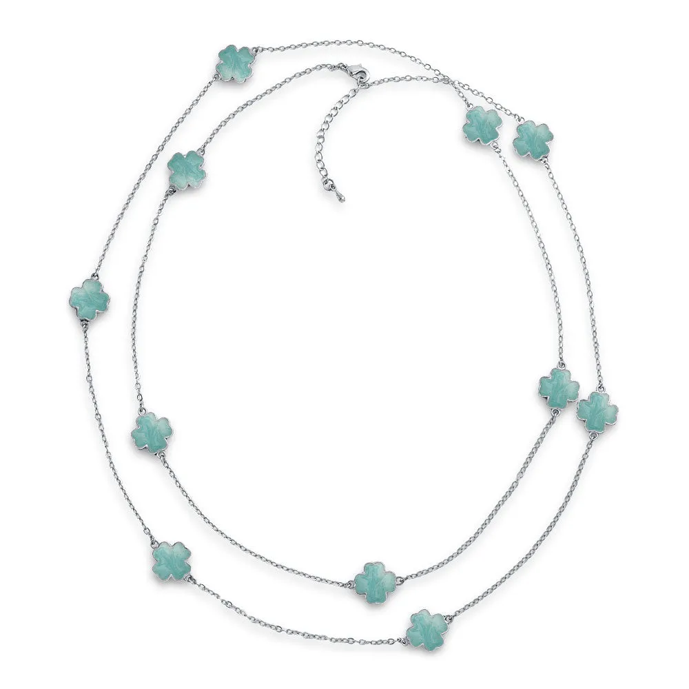 White Pink Aqua Blue Black Enamel Flower Strand Necklace SilverGold Plated 40 Inch