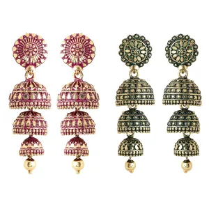 Yellow Chimes Earrings for Women and Girls Traditional Multicolor Jhumka Earrings Oxidised Gold Plated 2 Pairs Combo Long Dangler Jhumki Earrings for women | Birthday Gift For Girls & Women