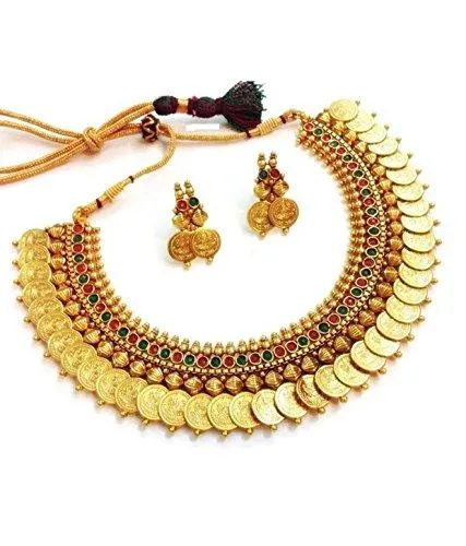 YouBella Traditional Red and Green Temple coin Necklace Set / Jewellery Set with Earrings for Women